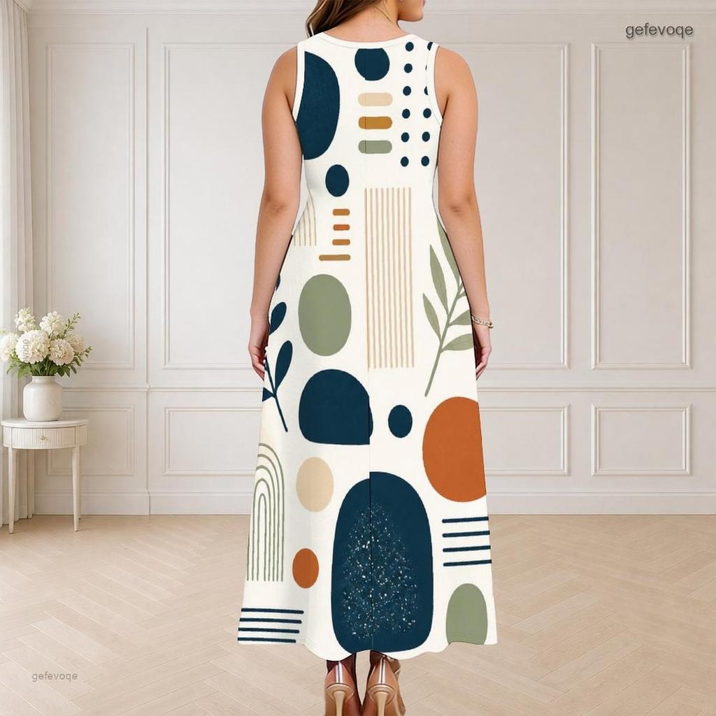 Women Plus Size Round Neck Triple Keyhole Sleeveless Geometric Printed Maxi Dress