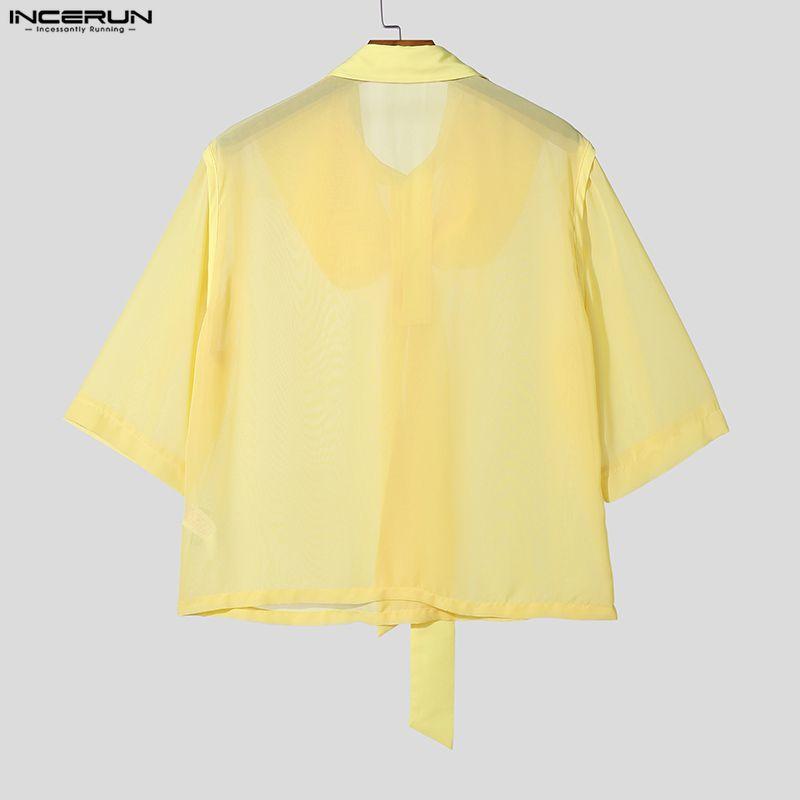 INCERUN Summer Men Lapel Short Sleeve Lace Mesh Sheer Casual Loose Shirts