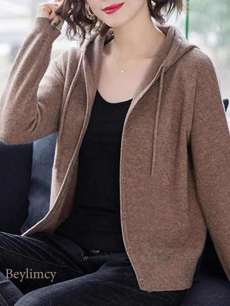Beylimcy Hooded Long Flattering Top for and Bey72 Women's Cardigan, Sleeve, Spring, Autumn, Winter, (Coffee)