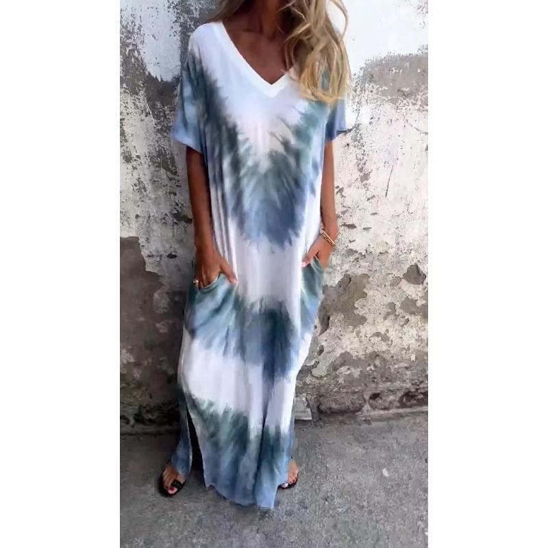 women s Summer Tie‑Dye Gradient V‑Neck Short Sleeve Split Side Loose Casual Long Maxi Dress S синий