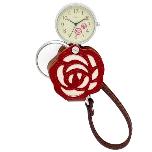 Fieldwork Women's Analog Pocket Watch with Strap and Magnifying Glass, Red with Rose Pattern, LW062-2