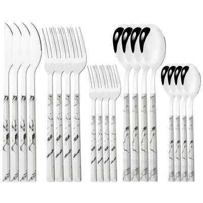 20Pcs Knife Fork Spoons Dinnerware Imitation Wooden Handle Cutlery Set Stainless Steel Tableware Silverware Western Flatware