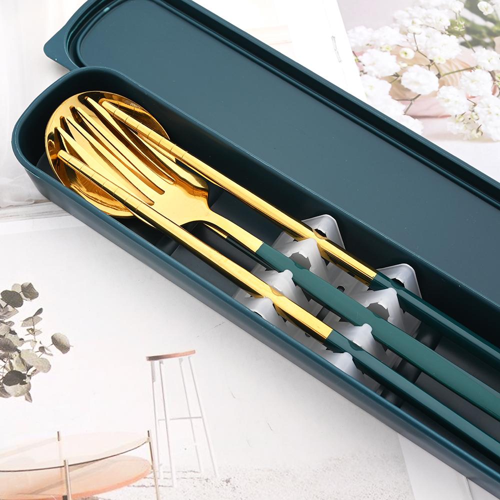 Schwarzes und goldenes Geschirrset, tragbares Reiseset, 3-teilig, Essstäbchen, Gabel, Löffel, Besteckset mit Box, Küchenzubehör, Besteck
