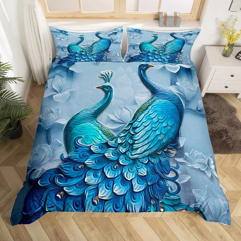 Peacock Feather Duvet Cover Set Full Queen Size Birds Feather Bedding Sets Chic Fantasy Peacock Feathers Comforter Cover 3 Pcs