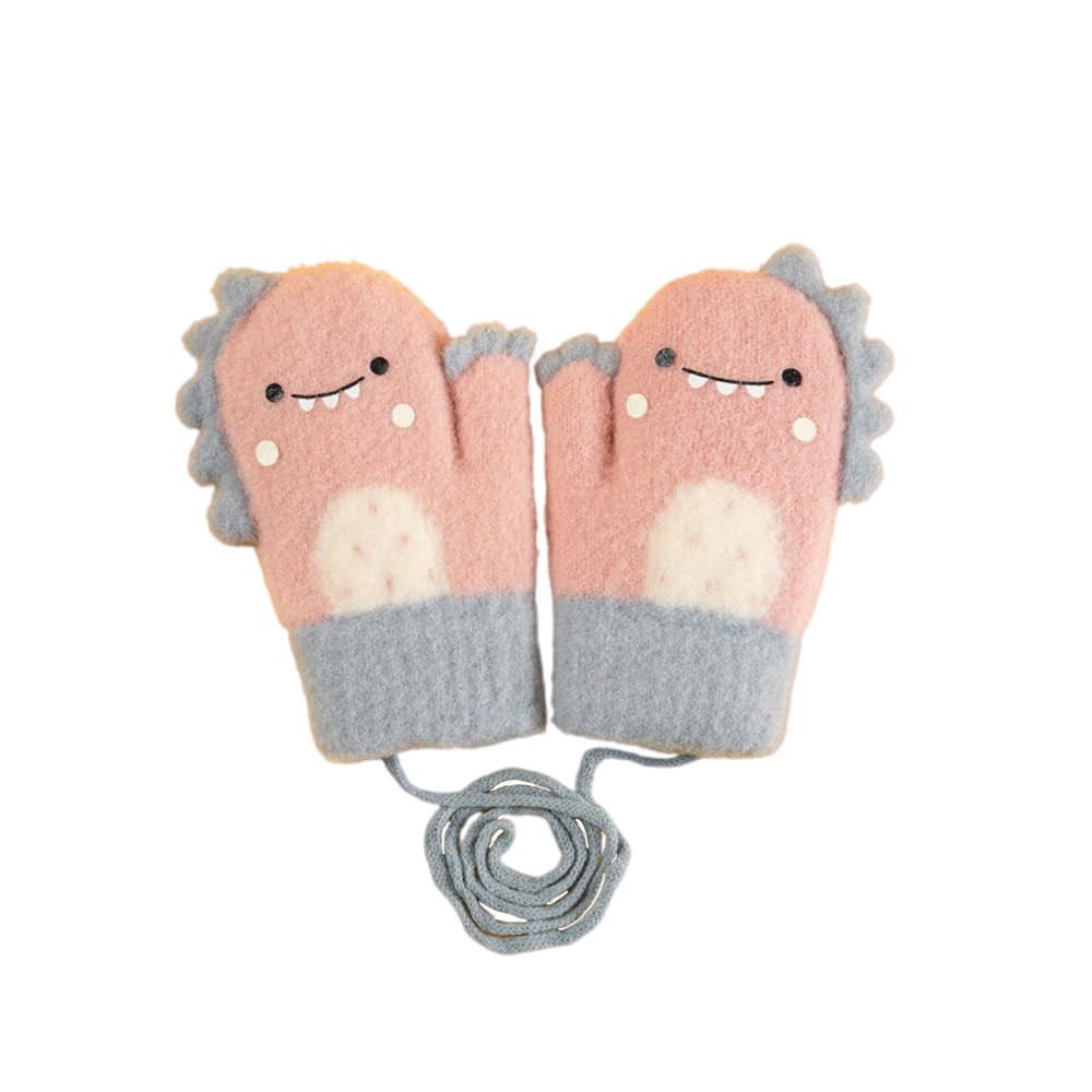 Winter Dinosaur Design Cute Animal Warm Fleece Thick Knit Gloves for Babies [fyetemon] Kids' Gloves, Print, Lining, (Pink)