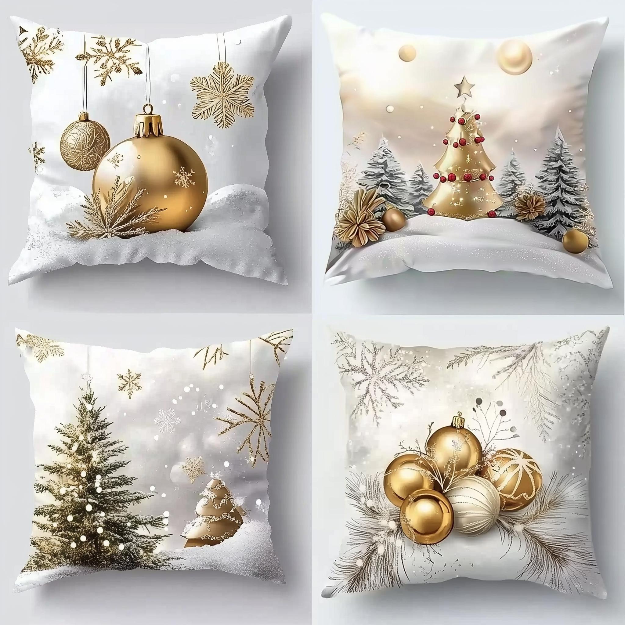 [Christmas Pillow Covers] 4Pcs Christmas Pillow Covers - Romantic Golden Christmas Tree Design - Zipper Closure - Machine Washab Peach skin 18*18(CM)-4Pcs