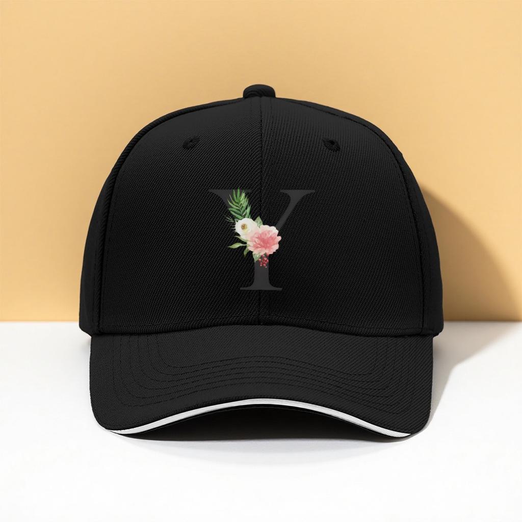 Floral Letter Y Baseball Cap Adjustable Black Polyester Fiber Unisex Outdoor Sports Hat