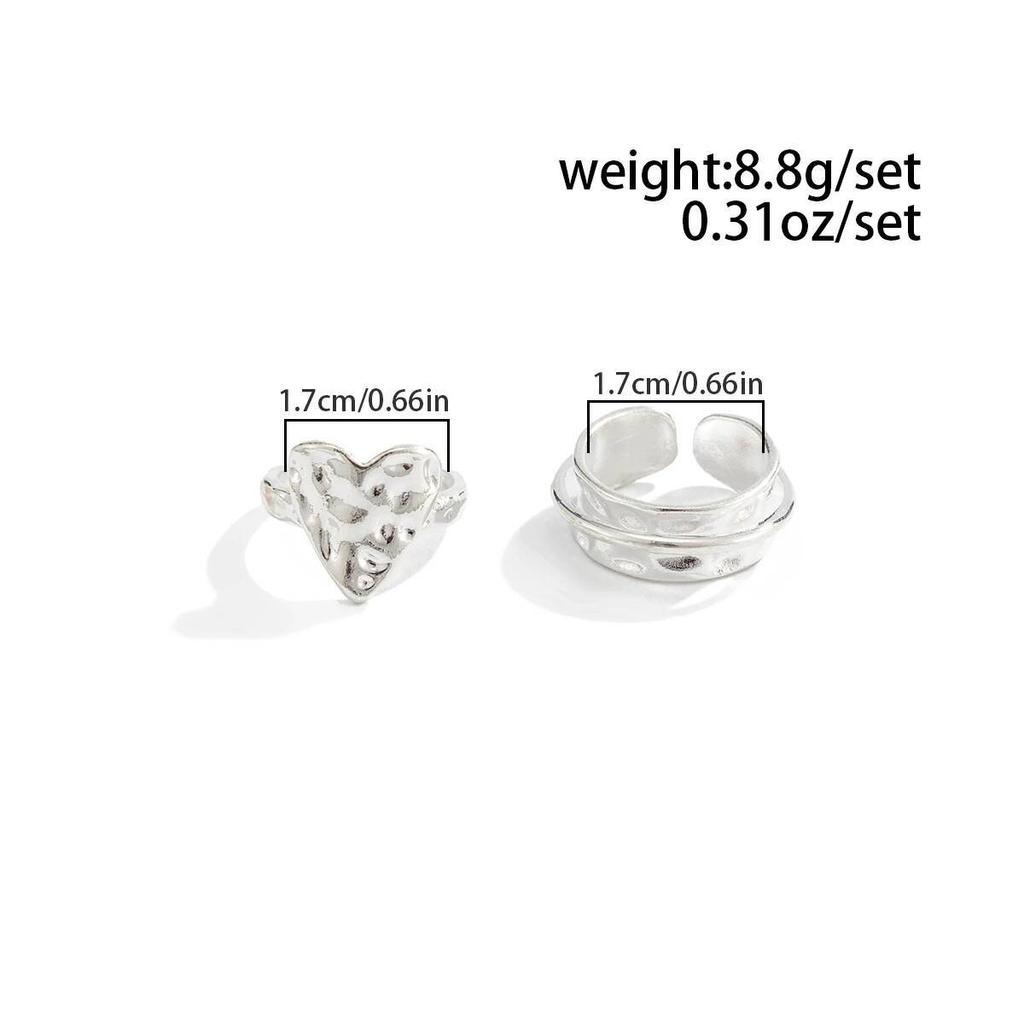 Salircon 2Pcs/Set Punk Geometric Unsmooth Love Heart Open Rings Women Simple Silver Color Finger Ring Party Jewelry Accessories