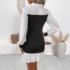Color Block Pleated Office Skirt Layered Collar Dress