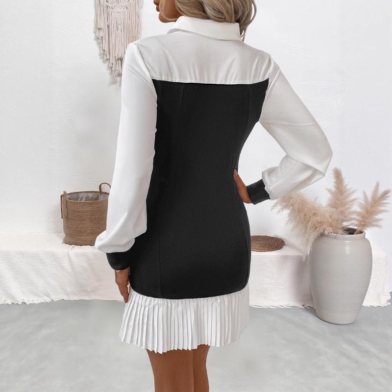 Color Block Pleated Office Skirt Layered Collar Dress