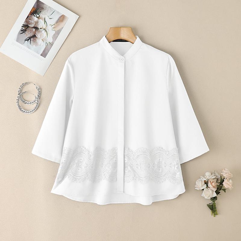 

ZANZEA Женская повседневная блузка с воротником-стойкой и рукавом 3/4 из кружева в стиле пэчворк 4XL