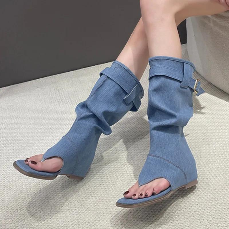 Women Canvas Denim Fashion Clip-toe Sandals 2024 Summer Outdoor Street Open-toed Sandals Casual Walking Flat Shoes Mujer Zapatos
