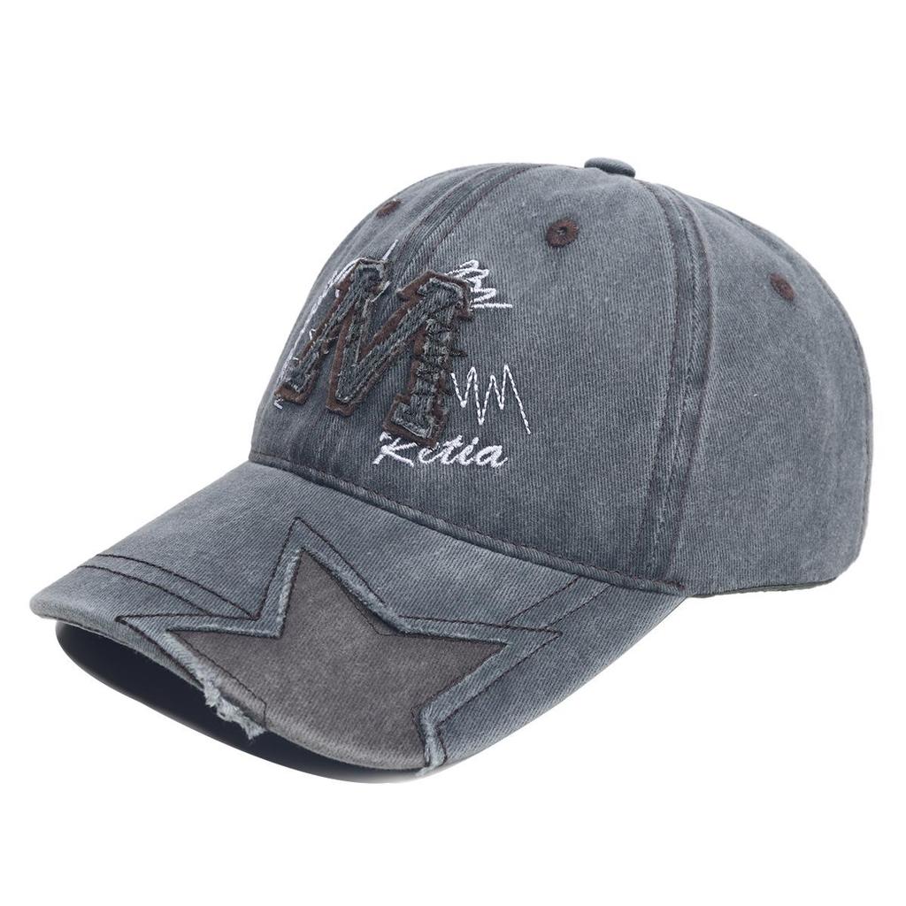 Women’s Retro Distressed Star Baseball Cap - Washed Denim Duckbill Hat with M Logo, Sun Protection, Face Slimming