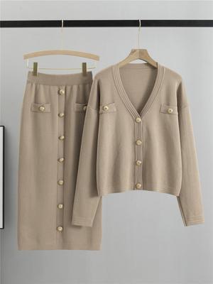 Women's Autumn/Winter Knit Cardigan and Midi Skirt Two-Piece Set with Elegant Style