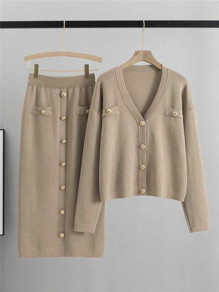 European & American Fragrance-Style Cardigan Sweater & Pencil Skirt Knitwear Set for Women - Spring & Autumn