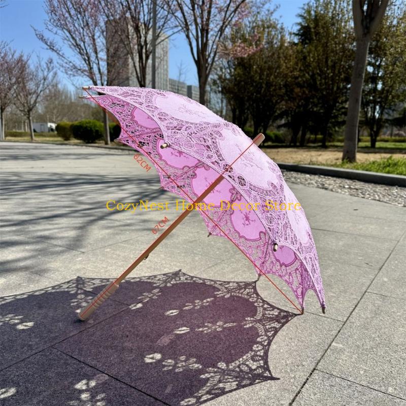 92MF Decorative Handmade Lace Umbrella Wooden Handle Sun Shade For Women Girls Special