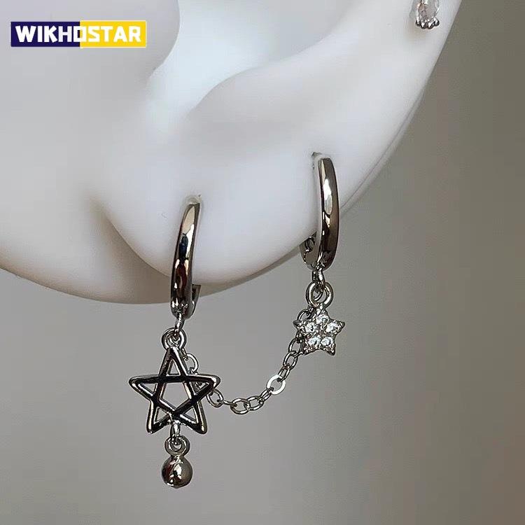 1PCS Silver Color Star Chain Double Ear Hole Stainless Steel Ear Bone Nail Y2K Fashion Hottie Earrings for Women Jewelry