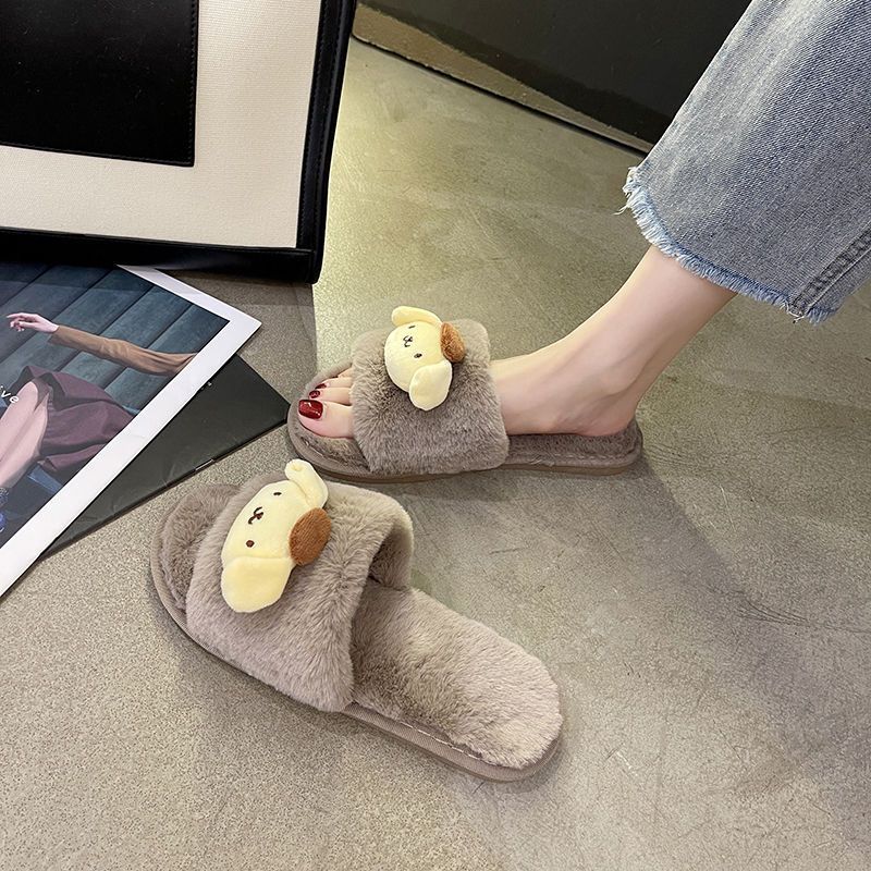 Home Indoor Cartoon Plush One-word Student Cotton Slippers 2025 Autumn and Winter New Internet Celebrity Fluffy Slippers Women