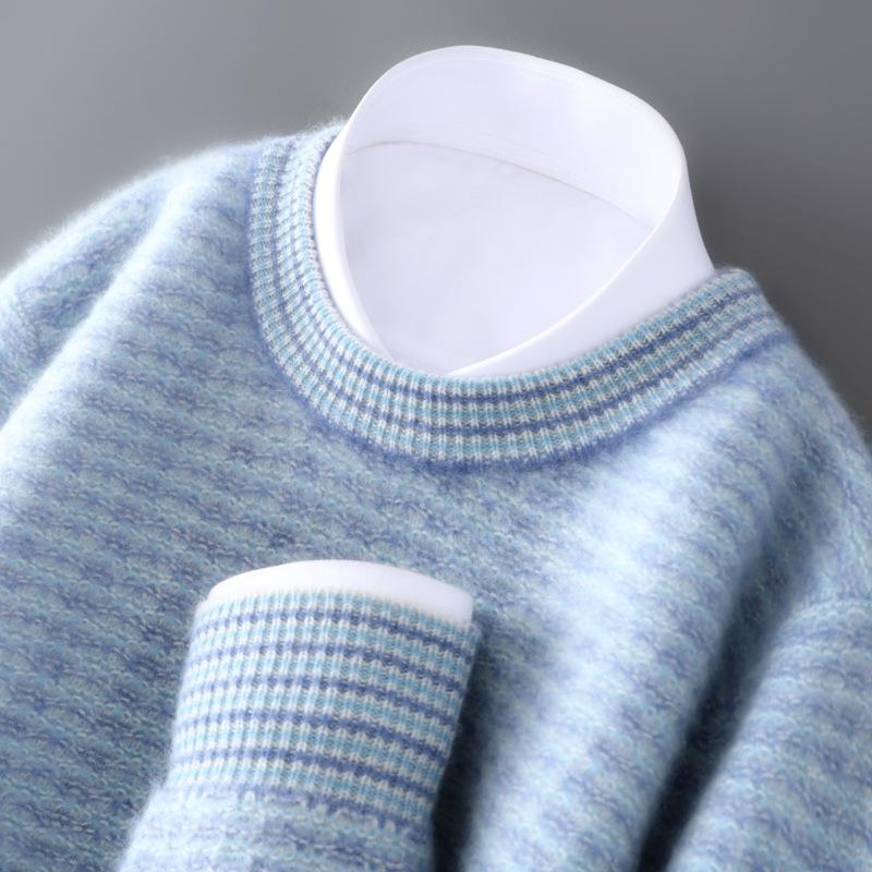 Men's Thickened Pure Wool Color Block Sweater – Round Neck Business Casual Knitwear.