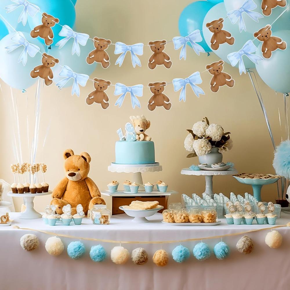 Cartoon Bow Bear Paper Banner Gender Reveal Theme Boy Girl Wall Hanging Garland for Kids Birthday Baby Shower Party Decoration