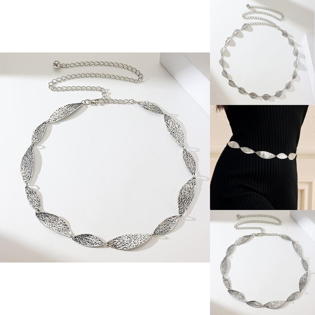 Ladies Vintage Leaf Texture Metal Waist Belt With Hook For Retro Spring Summer Wear