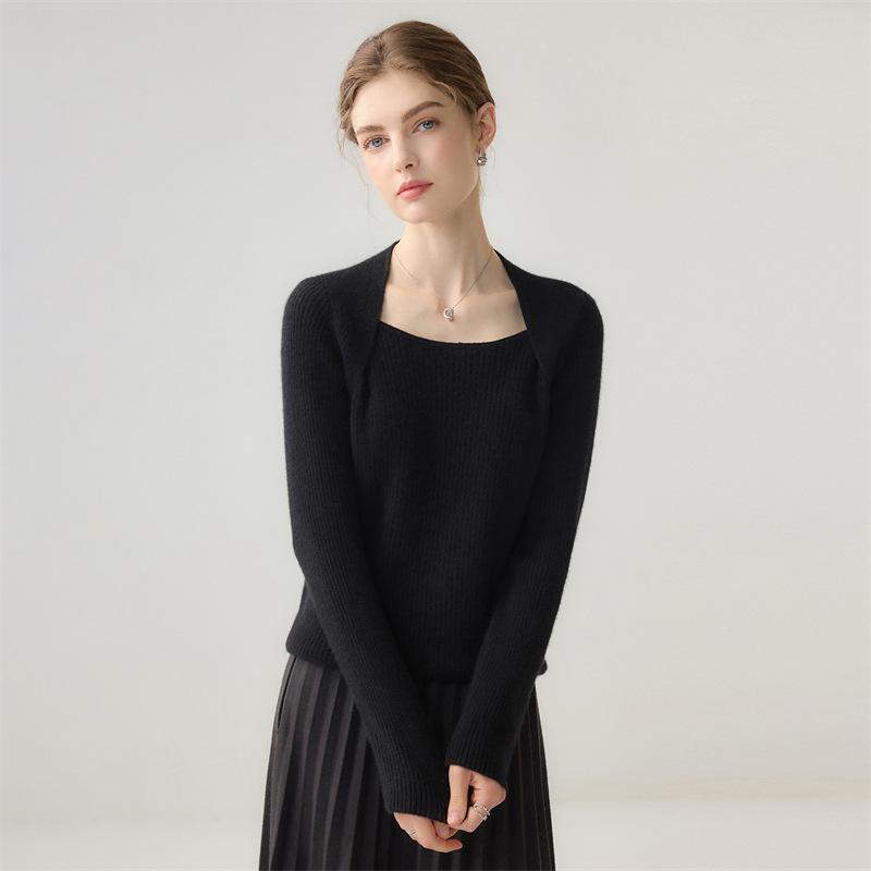 Lekasha Women's 100% Pure Cashmere Square Neck Slim-Fit Pullover