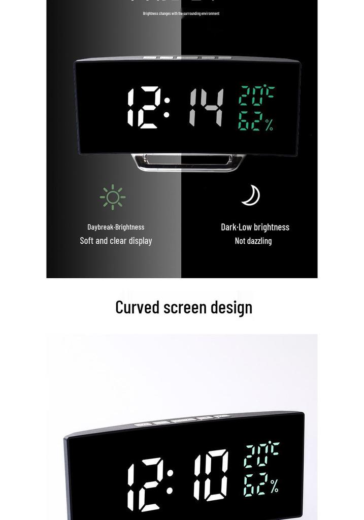 Curved LED Mirror Clock with Temperature and Humidity Display, Triple Alarm, Digital Desktop Clock for Bedroom