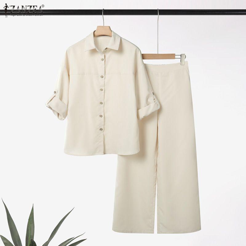 ZANZEA Women Long Sleeve Blouse and Pants Casual Two Piece Suit Sets