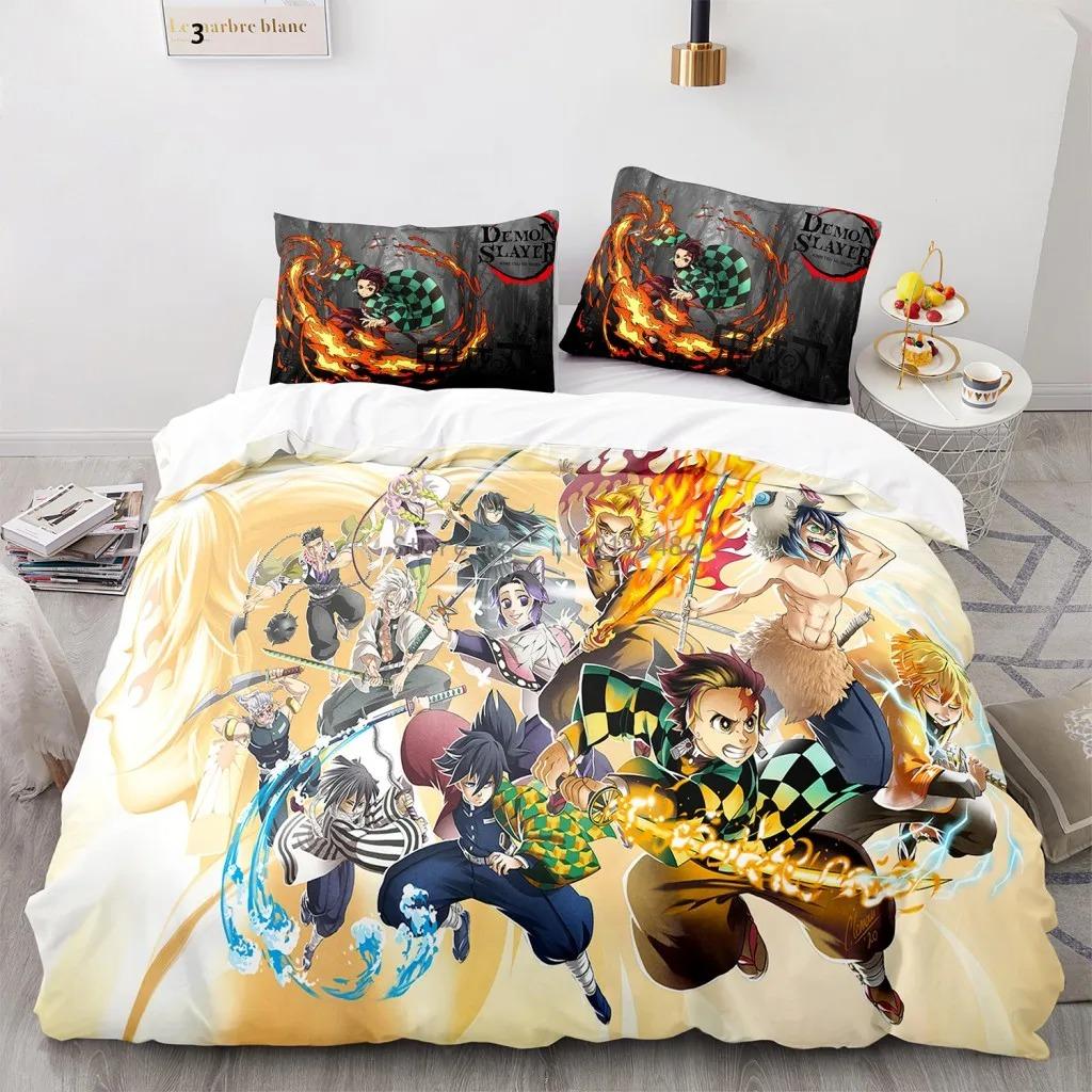 Juego de cama popular de Demon Slayer, funda de edredón con estampado de anime, fundas de almohada, decoración para habitación infantil, artículos para el hogar al por mayor