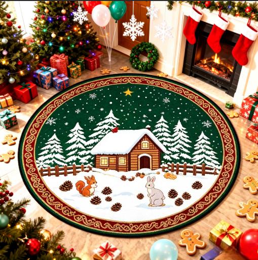 Christmas Tree Pattern Rugs for Bedroom Round Living Room Decoration Red Carpet Soft Study Floor Mat Washable Home Anti-slip Rug