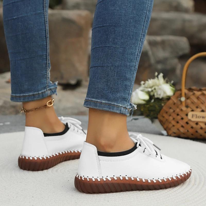Fashion 2024 Newest Woman Flats Casual Sew Oxford Shoes Female Lace Up Leather Single Shoes Comfortable Moccasins Loafer Shoes Plus Size