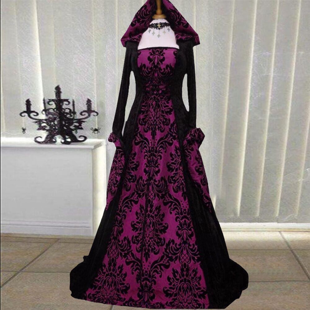 

European and American Retro Long-Sleeved Lace-Up Waist Hooded Dress Printed Court Dress S фиолетовый