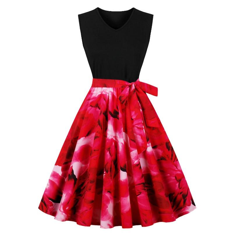 Summer New Retro V-neck Sleeveless Black Spelling Print Pendulum Dress