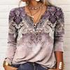Women Plus Size Long Sleeve T Shirt Bohemian Ethnic Autumn Top Half Open Collar Mid Long Length