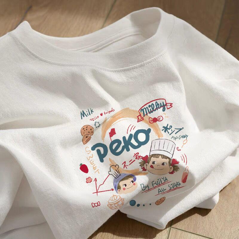 Heavy cotton cartoon print short-sleeved t-shirt women's 2025 new summer loose large size white crew neck top