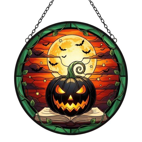 Stained Glass Style Acrylic Suncatchers Halloween Pumpkin Suncatcher, Round Window Hanging Ornament, Mysterious Holiday Theme Wall Displays Full Moon