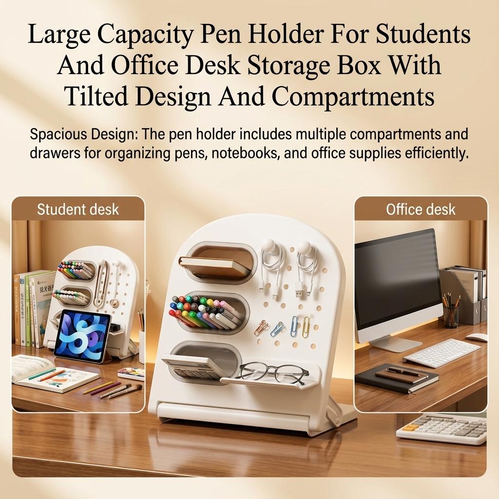 Large Capacity Desk Organizer Pen Holder with Slanted Design Multifunctional Storage Box for Office School Stationery Supplies