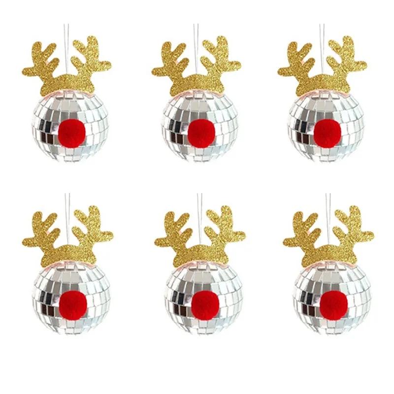 New Christmas Disco Ball Ornaments Elk Hat Xmas Tree Pendant Snowman Santa Claus Hanging Ball Merry Christma Decor New Year 2025