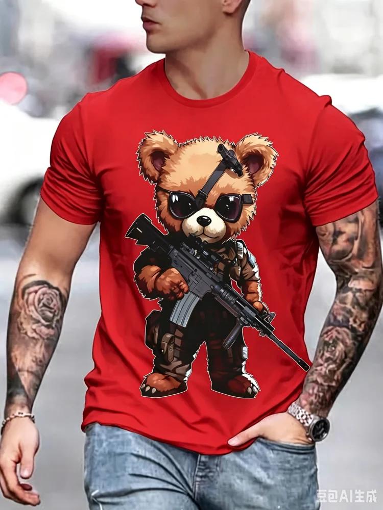 Fashion Unisexs Tactical Gun Bear Print T Shirt Cool Sunglasses Soldier Teddy Graphic Casual Streetwear Short Sleeve Tops
