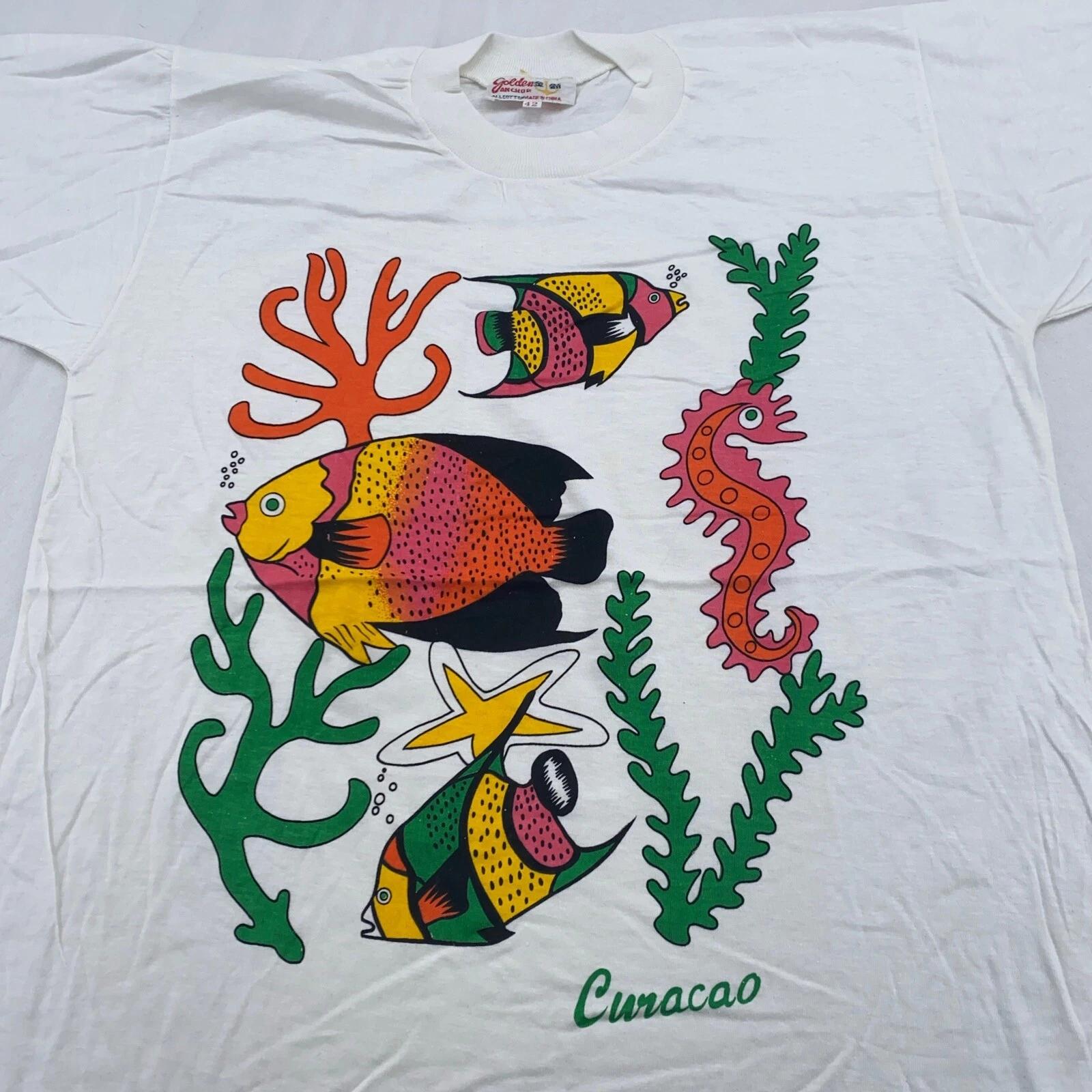 

vintage 90s FISH CARTOON CURACO T-Shirt M/L venezuela tropical nature M
