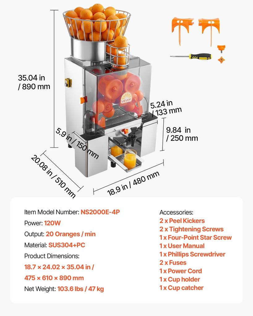 Commercial Orange Juicer Machine, 120W Electric Automatic Orange Squeezer, Lemon Citrus Pomegranates Extractor for 20 per Minute, Stainless Steel,