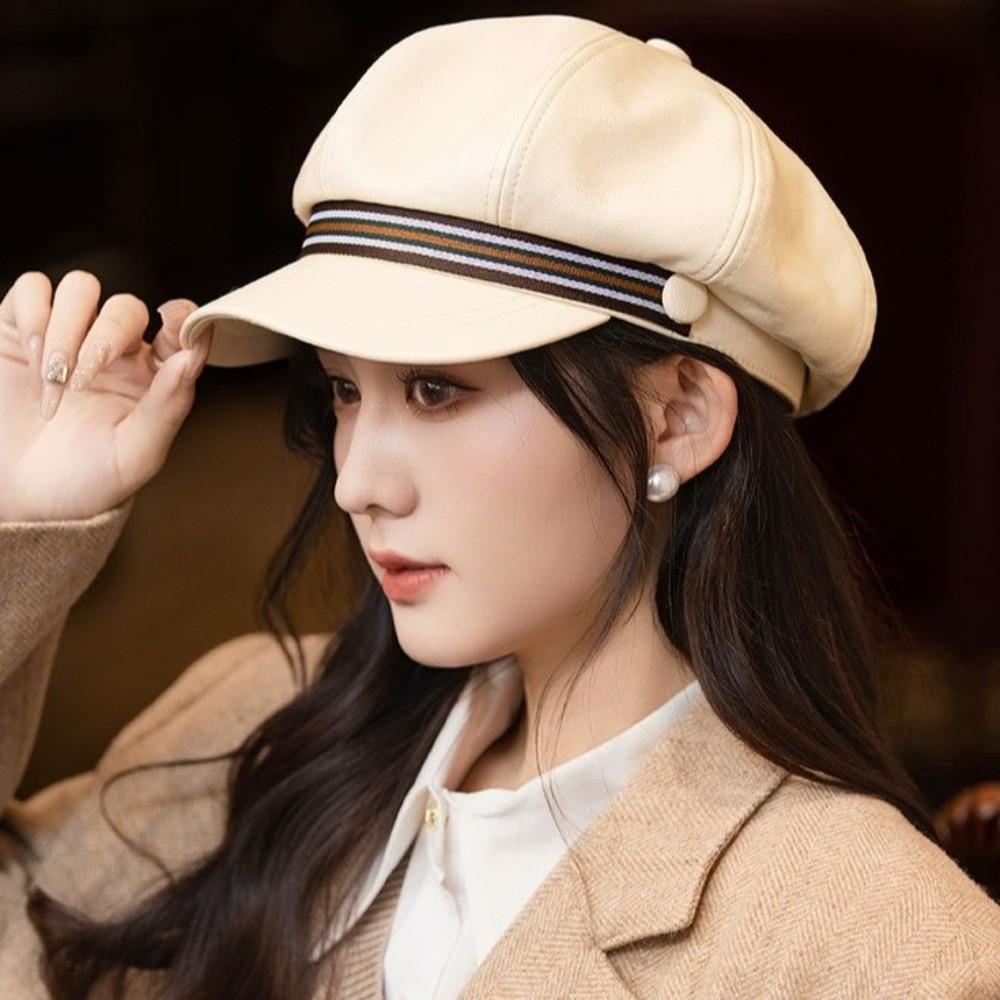 Windproof Octagonal Hat Warm Painter Hat Personality Pu Leather Beret  Autumn