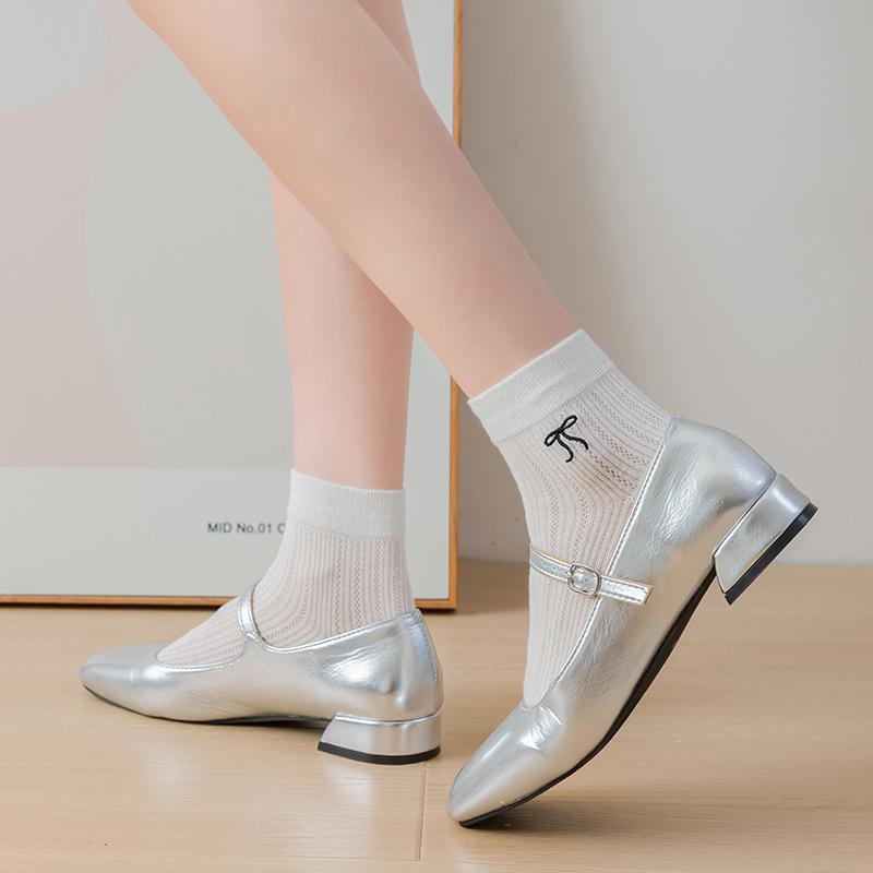 5 Paar Graue Socken Damen Sommer Dünne Einfarbige Baumwollsocken Kurze Schleife Nahtlose Socken Ballett Wind Hohlmaschen Bootssocken