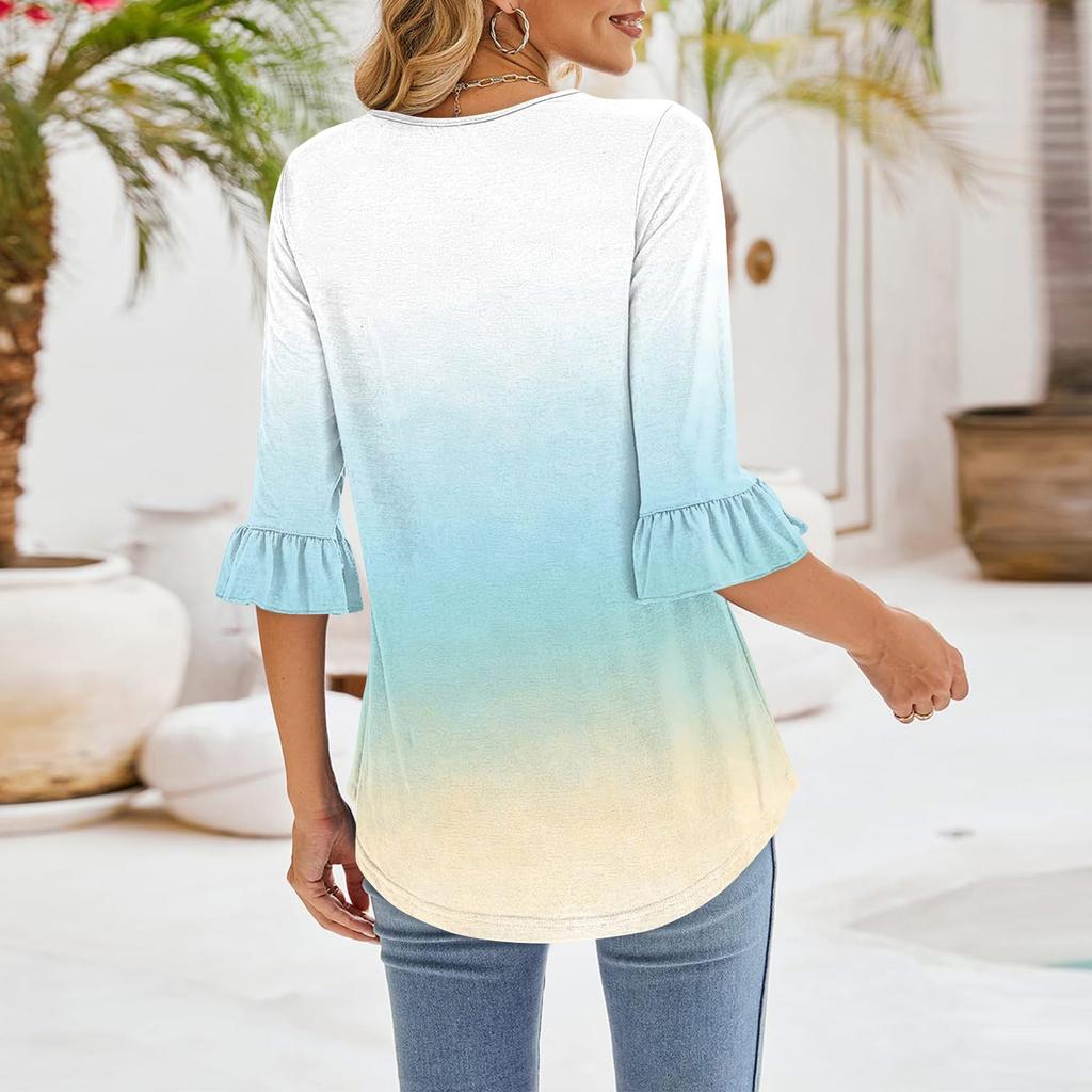 Women's Casual 3/4 Sleeve Tops Summer Square Neck T Shirts Ruffle Loose Fit Tunic Blouses