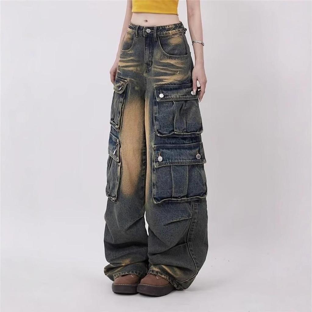 Unisex Vintage Washed Distressed Multi-Pocket Loose-Fit Wide Leg Jeans