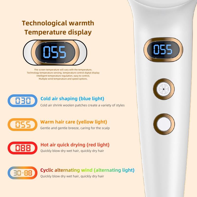 Uscător de păr digital LED cu viteză mare de 110000 rpm, viteză a vântului cu circulație rece și caldă, uscător de păr uscat și silențios, cutie cadou