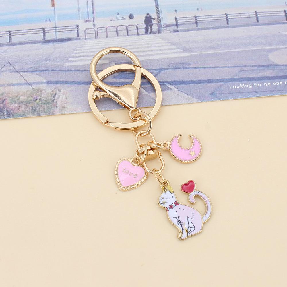 Derpy Moon Cat Keychain Pendant with Star Charm - Cute Kitten Bag Accessory