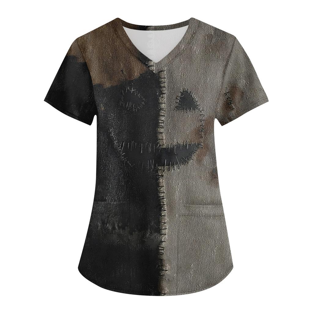 Women's Printing Uniform Work Uniform V-neck Pockets Basic Short Sleeve Pullover Top