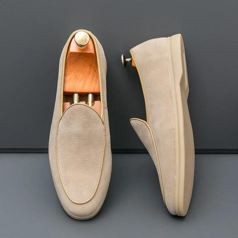Spring and Autumn Suede Shallow Mouth Mens Loafers Flat Casual Shoes Luxury Brand Nubuck Leather Designer Mocasin Wedding Shoes