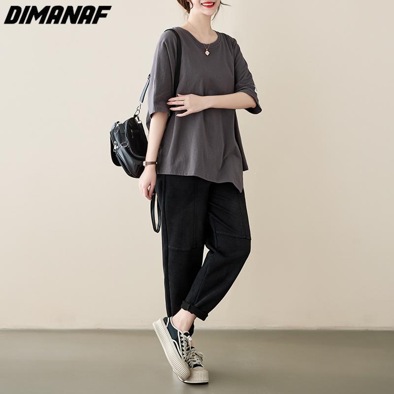 DIMANAF 2023 damska koszulka Plus Size Casual topy luźna solidna O-Neck letnia koszulka z krótkim rękawem moda zielona